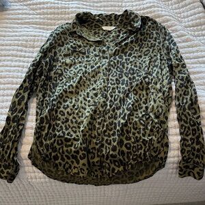 Lucky Brand Olive Green and Black Leopard Print Button-Down Shirt